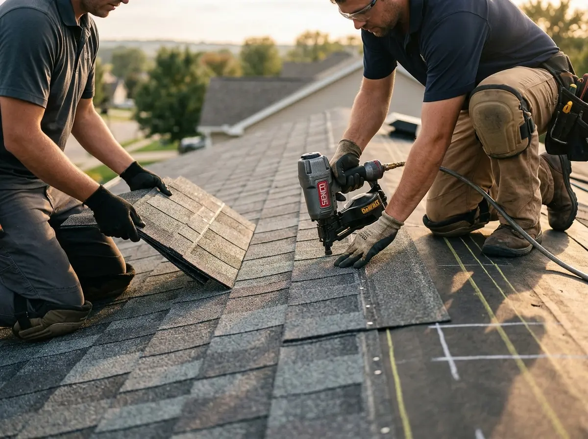 Professional roofer working on a residential roof in Ludlow
